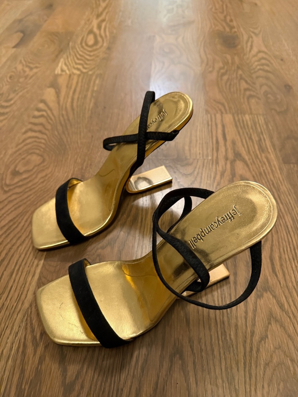 Jeffrey Campbell Gold Insole with Black Suede Strap Block Heels